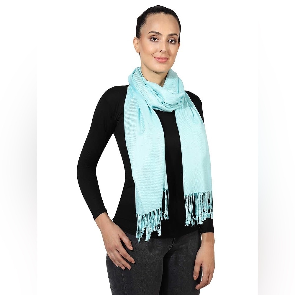 Classic PASHMINA light blue shawl scarf  fringed wrap